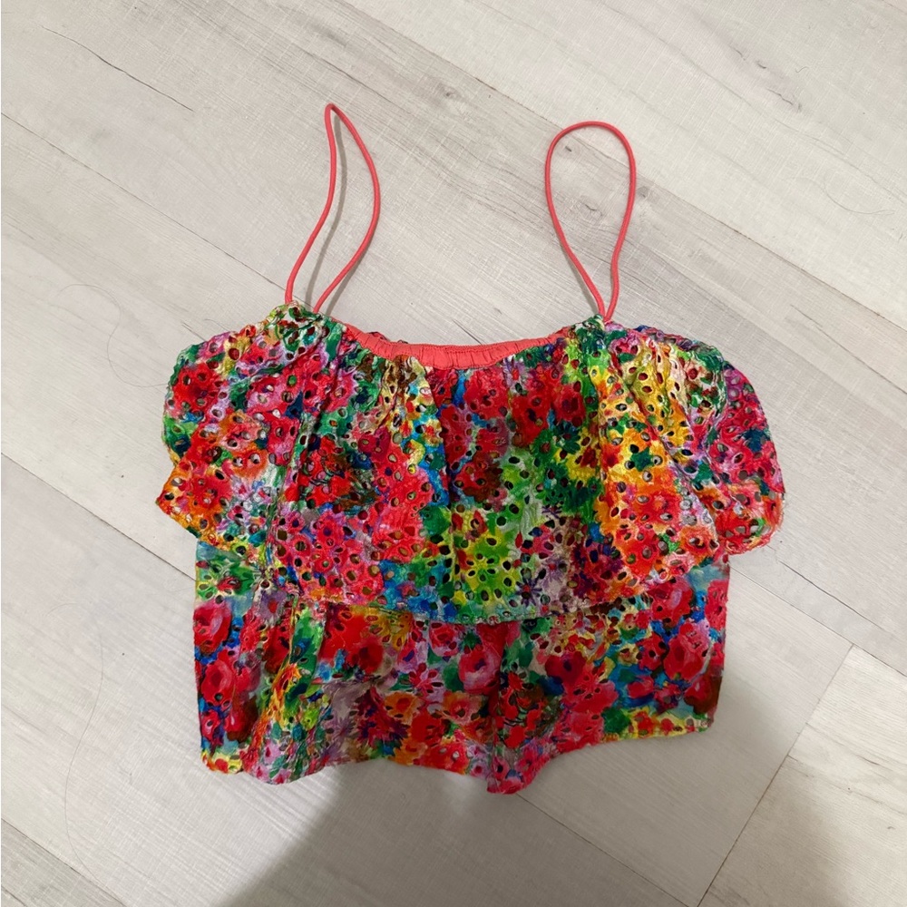 Alice + Olivia Multicolor Floral Eyelet Crop Top with Pink Straps
